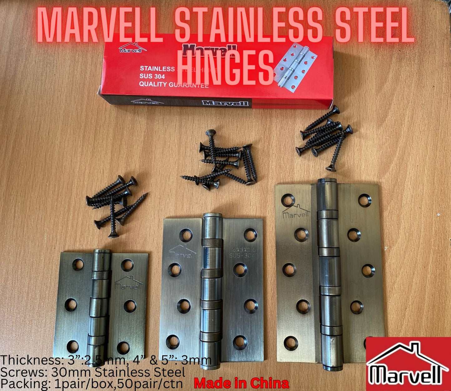 Marvell Stainless Steel Door Hinges AB Colour with Stainless Steel Screws in 3”,4”,5”,6” & 8” Sizes