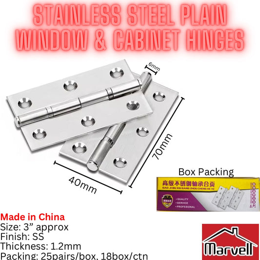 Stainless Steel Plain Window & Cabinet Hinge 3”