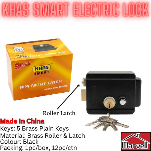 Khas Smart Rim Night Latch – Brass Roller & Latch, 5 Brass Keys | Black