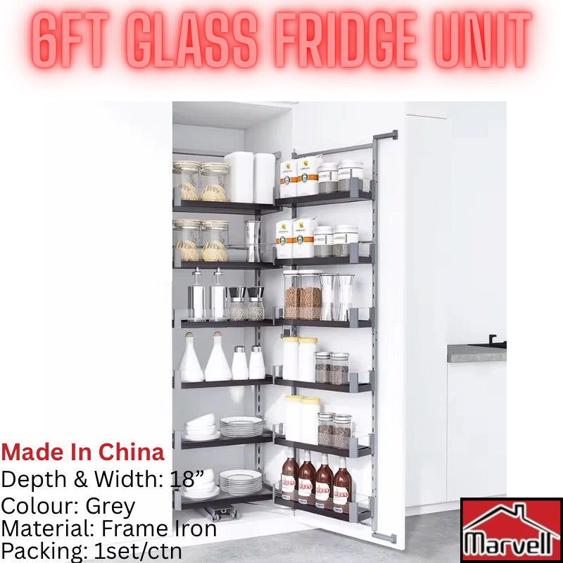 6ft grey glass fridge kitchen pantry pull-out unit with iron frame and multi-layer storage shelves
