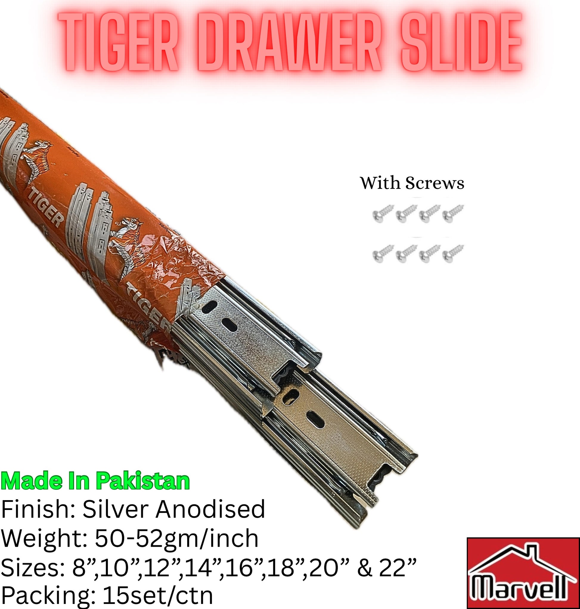 Tiger silver anodised drawer slide with screws, available in sizes 8 to 22 inches, made in Pakistan for smooth cabinet drawer movement.