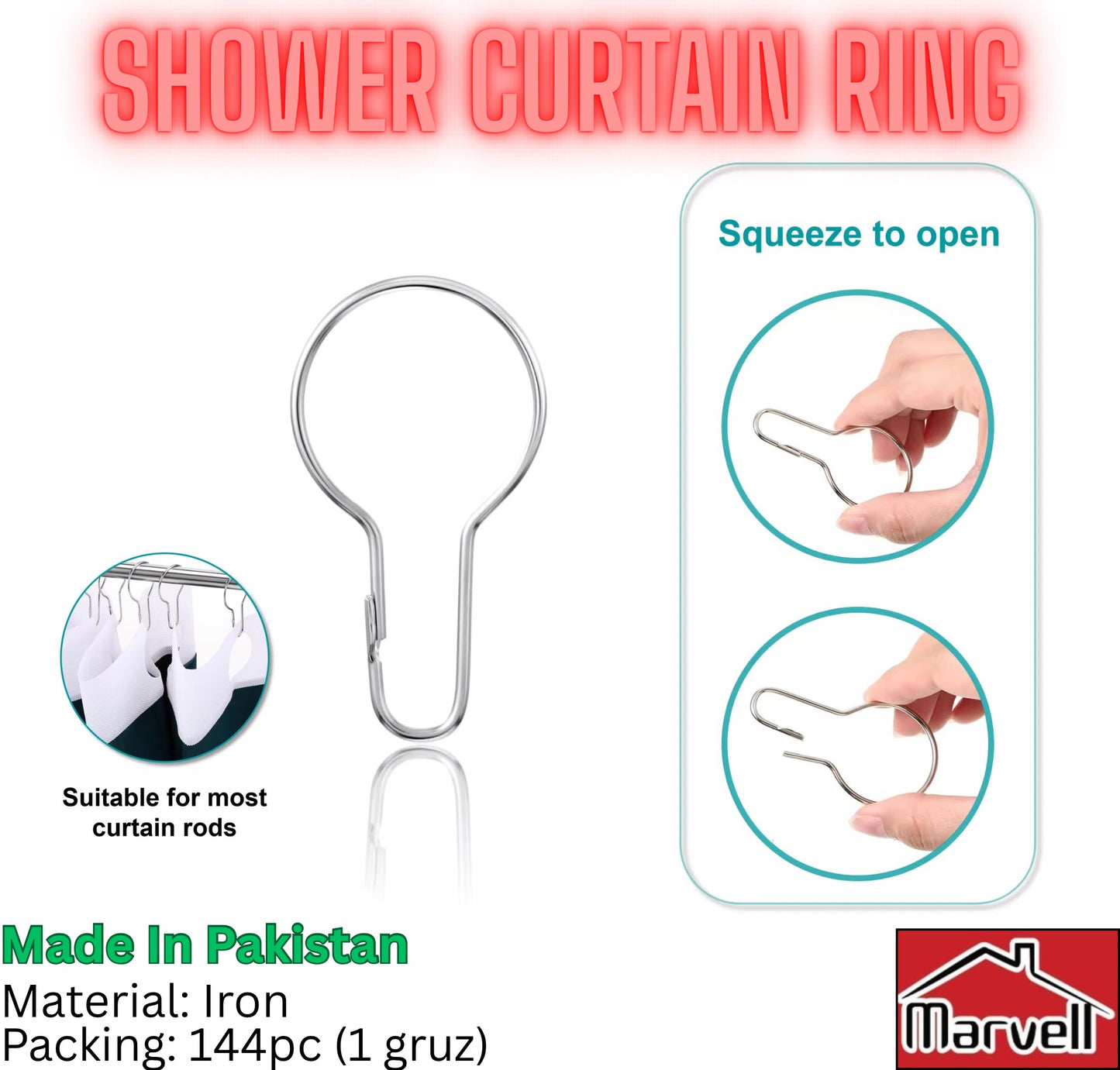 Iron shower curtain ring squeeze to open type, heavy duty metal curtain hook suitable for most curtain rods, made in Pakistan.
