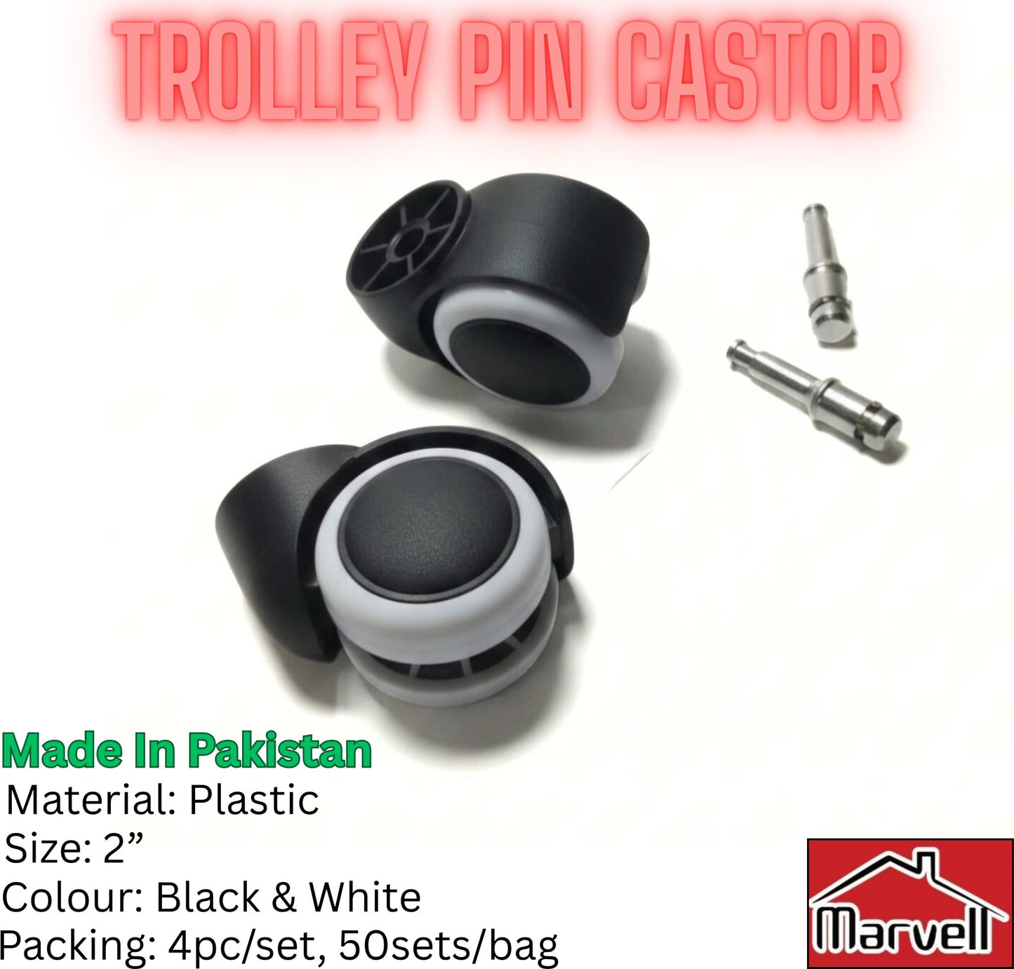 2 inch trolley pin castor wheel in black and white plastic with metal pin, made in Pakistan for furniture and trolley use.
