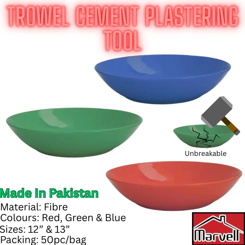 Marvell fibre cement pan 12 and 13 inch plastic mortar mixing tasla unbreakable construction ghamela red green blue made in Pakistan
