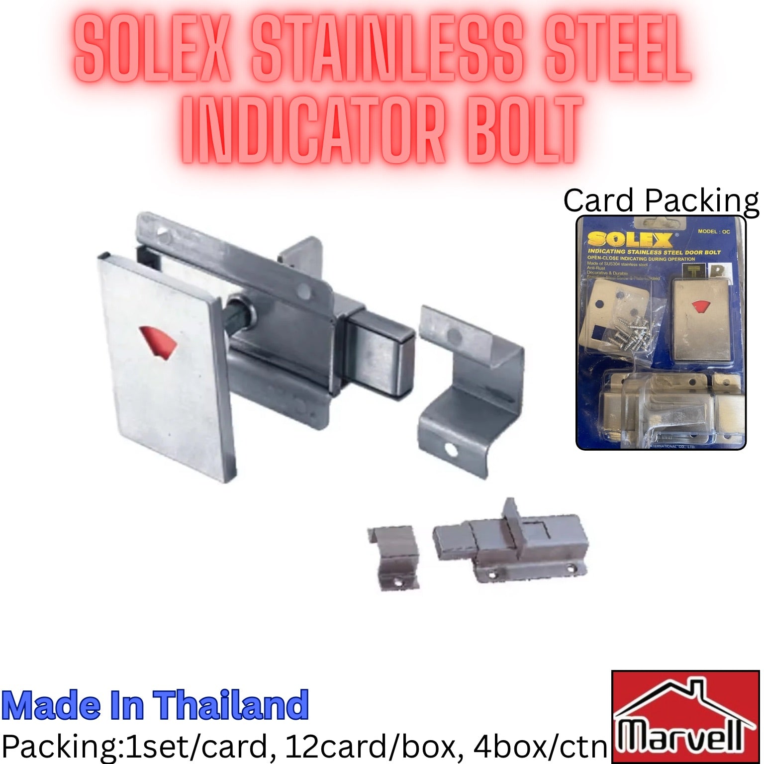 Solex stainless steel indicator bolt for bathroom door with red occupancy indicator, card packing, made in Thailand.