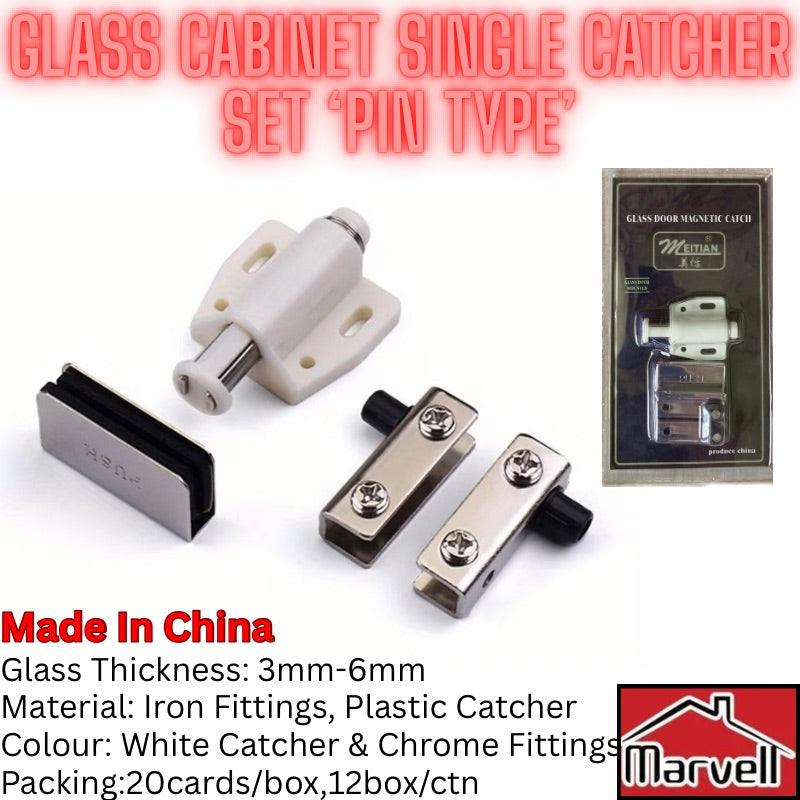 Meitian Glass Cabinet Single & Double Door Catcher Set with Push Plate and Hinges (Pin Type)