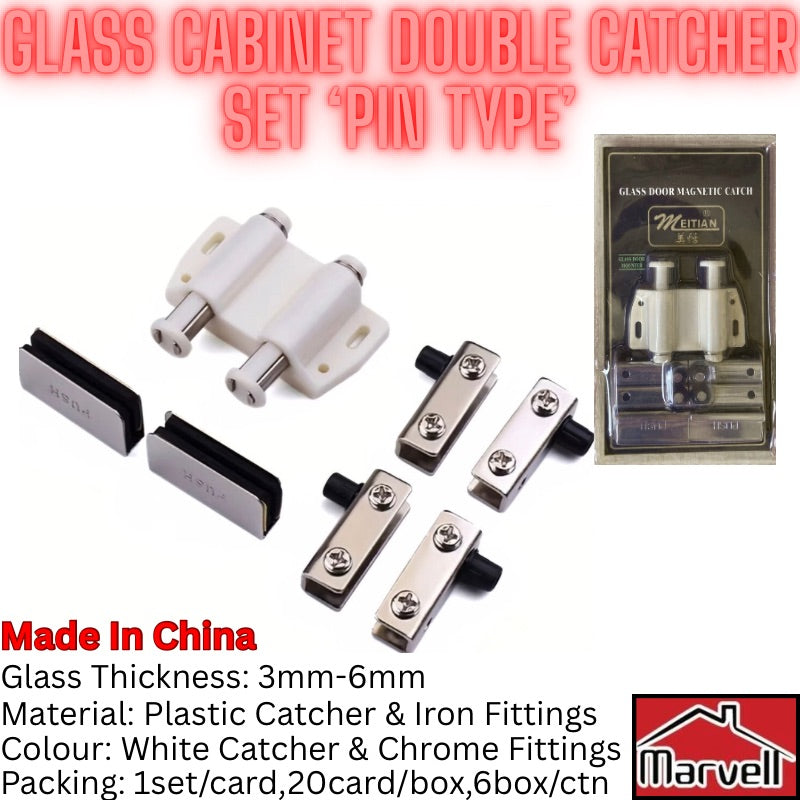 Meitian Glass Cabinet Single & Double Door Catcher Set with Push Plate and Hinges (Pin Type)