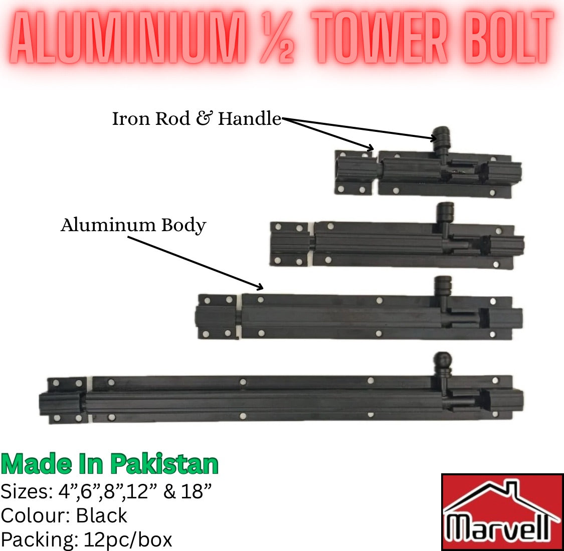 Aluminum 1/2 Tower Bolt | Black