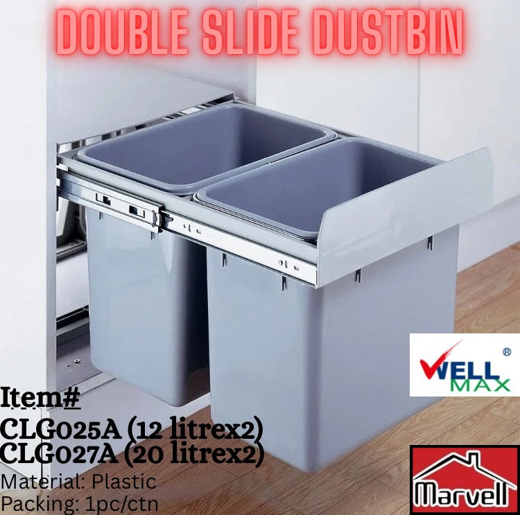 Double slide kitchen cabinet dustbin with pull out rail system and dual plastic waste bins