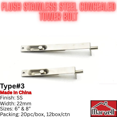 Flush Stainless Steel Concealed Tower Bolt – SS Finish Door Latch (6” & 8”) Type#3