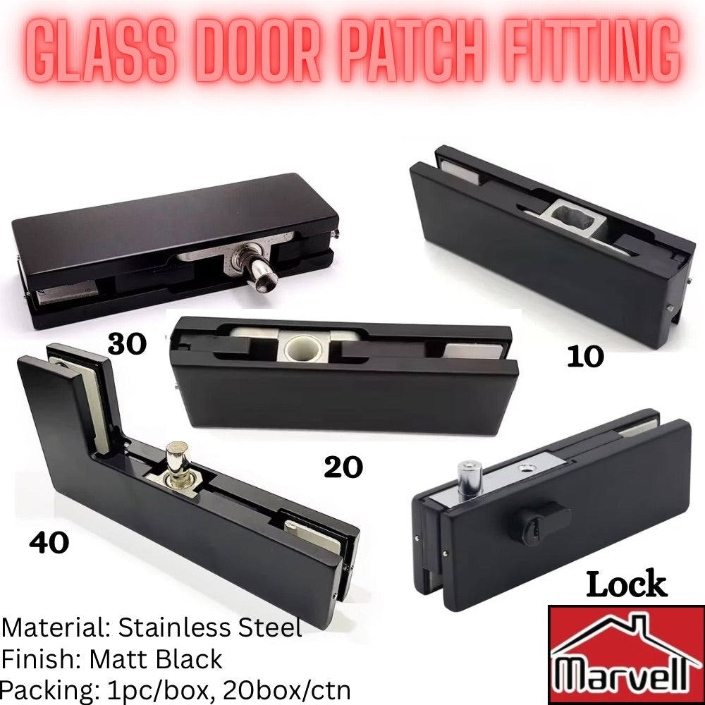 glass door patch fitting set stainless steel matt black including top bottom corner patch and glass door lock for frameless doors.