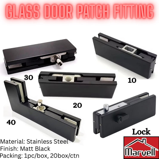 glass door patch fitting set stainless steel matt black including top bottom corner patch and glass door lock for frameless doors.