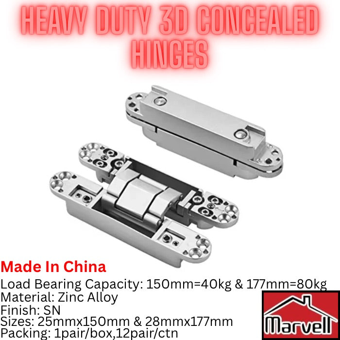 Heavy duty 3D concealed hinge zinc alloy invisible adjustable door hinge satin nickel Marvell