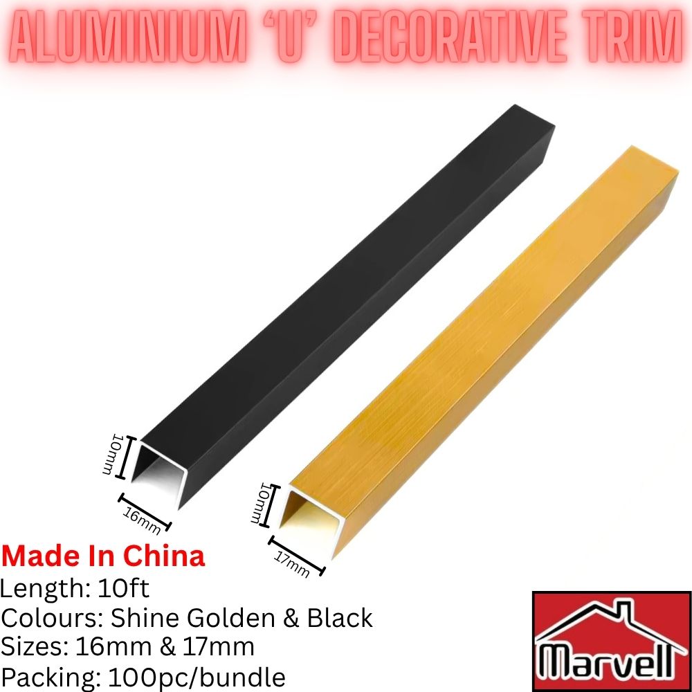 Two aluminum 'V' decorative trims, one black and one gold, with product details on a white background.