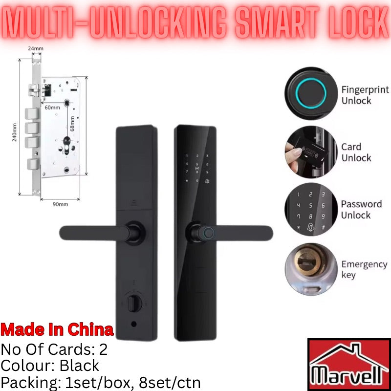 Multi-Unlocking Smart Door Lock – Fingerprint, Card & Password Digital Lock (Black)