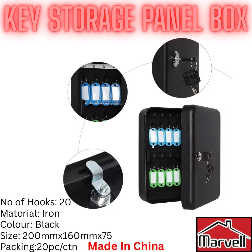 Key Storage Panel Box – Iron Key Cabinet with Lock (Wall Mounted Organizer) | 20 keys Hook