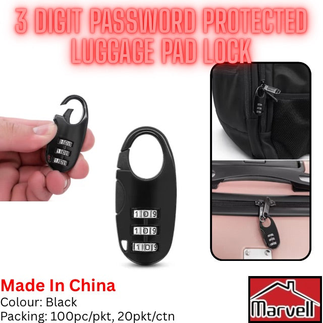 3 Digit Luggage Pad Lock Black – Travel Combination Lock for Bags & Suitcases