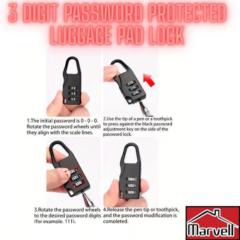 3 Digit Password Protected Luggage Pad Lock – Durable Travel Security Lock (Black)