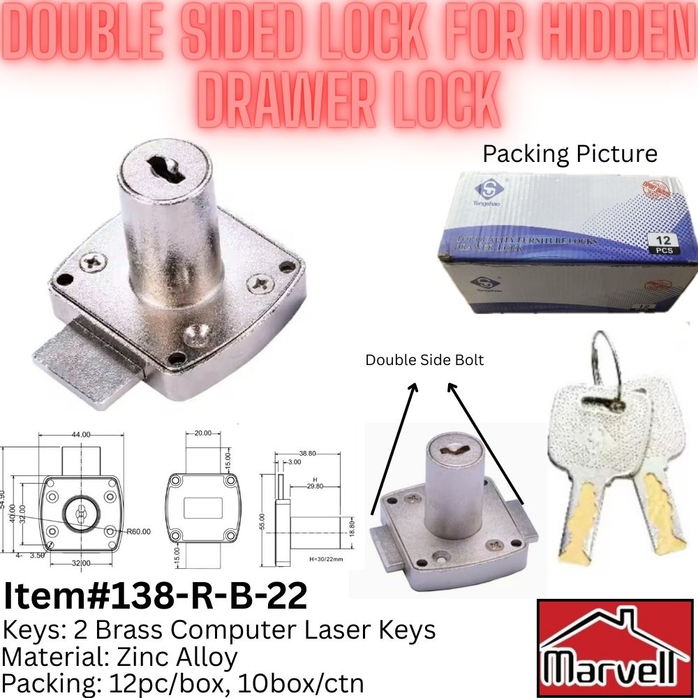 Double Sided Hidden Drawer Lock | Zinc Alloy Furniture Lock with 2 Laser Keys (Item #138-R-B-22)