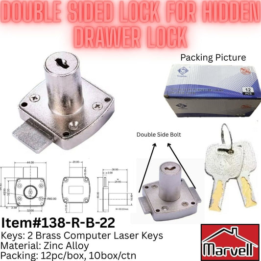 Double Sided Hidden Drawer Lock | Zinc Alloy Furniture Lock with 2 Laser Keys (Item #138-R-B-22)
