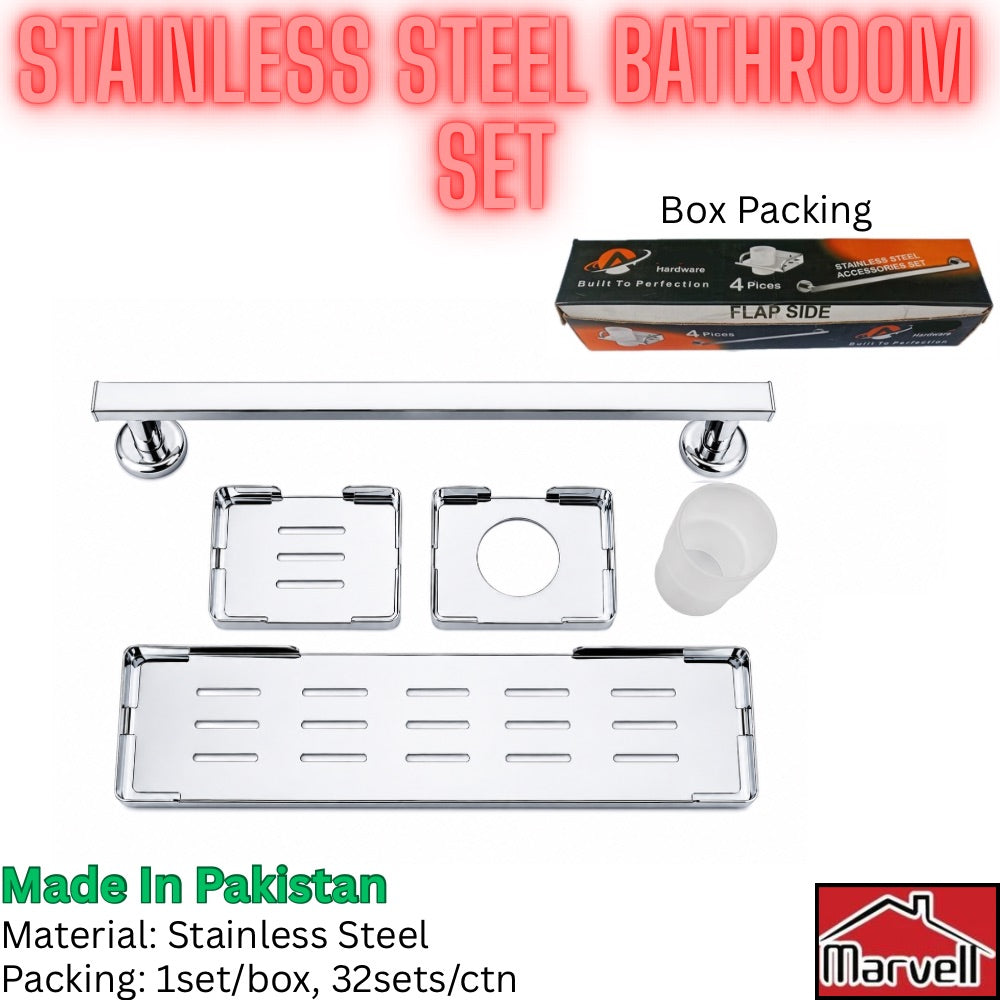 Stainless Steel Bathroom Accessories Set 4 Piece – Chrome Finish | Marvell Hardware Pakistan