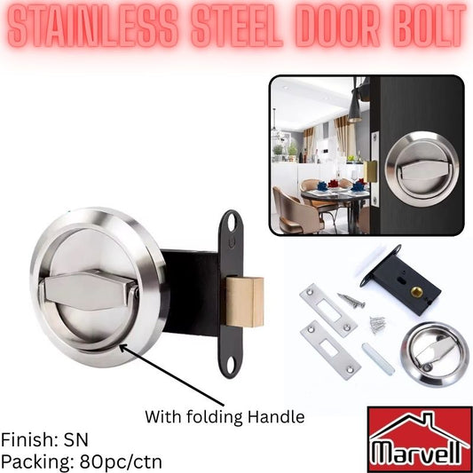 Stainless steel door bolt with folding handle in satin nickel finish for modern doors
