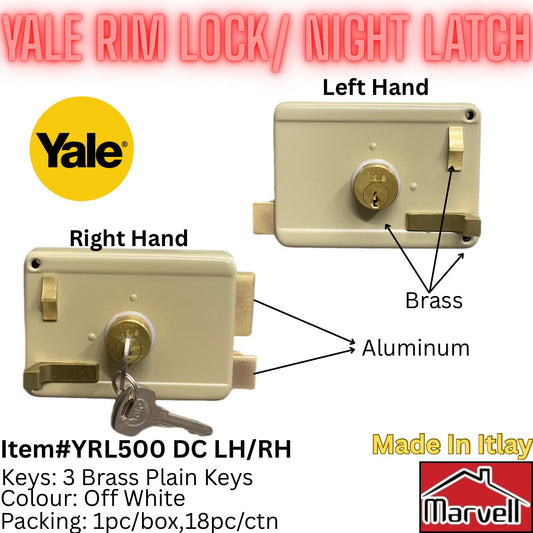 Original Yale Rim Lock Night Latch YRL500 DC in off-white color showing left hand and right hand models with aluminum body, brass cylinder and handle, supplied with 3 brass keys, Made in Italy.