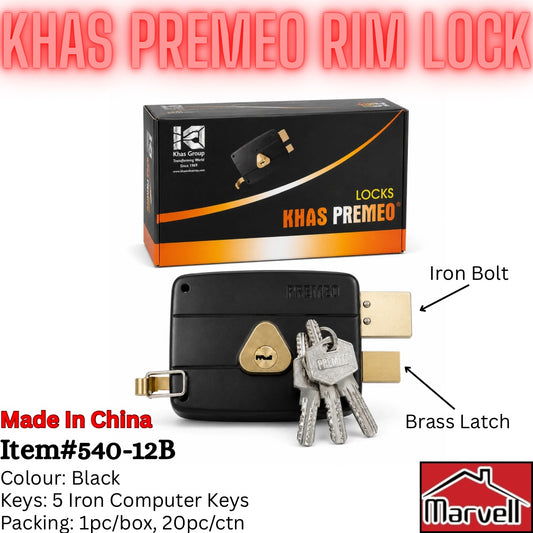 KHAS PREMEO Rim Lock 540-12B – Black Rim Door Lock with Iron Bolt & Brass Latch