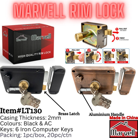 Marvell LT130 Rim Lock – Brass Latch, 6 Computer Keys | Black & Antique Copper
