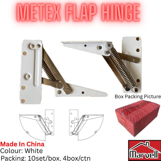 Metex Flap Hinge – White (Spring Loaded Cabinet / Flap Door Hinge)