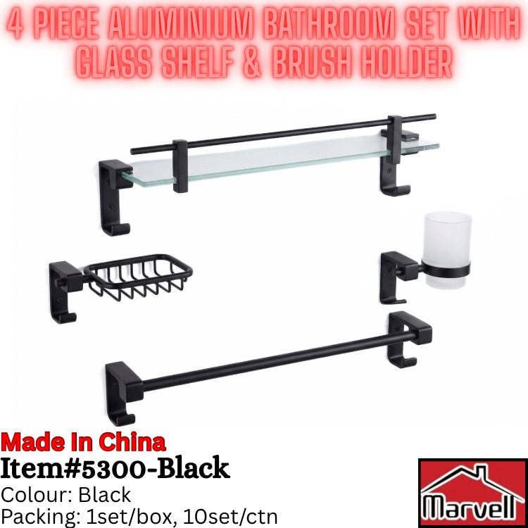 4-Piece Aluminium Bathroom Accessories Set with Tempered Glass Shelf & Brush Holder (Item #5300)