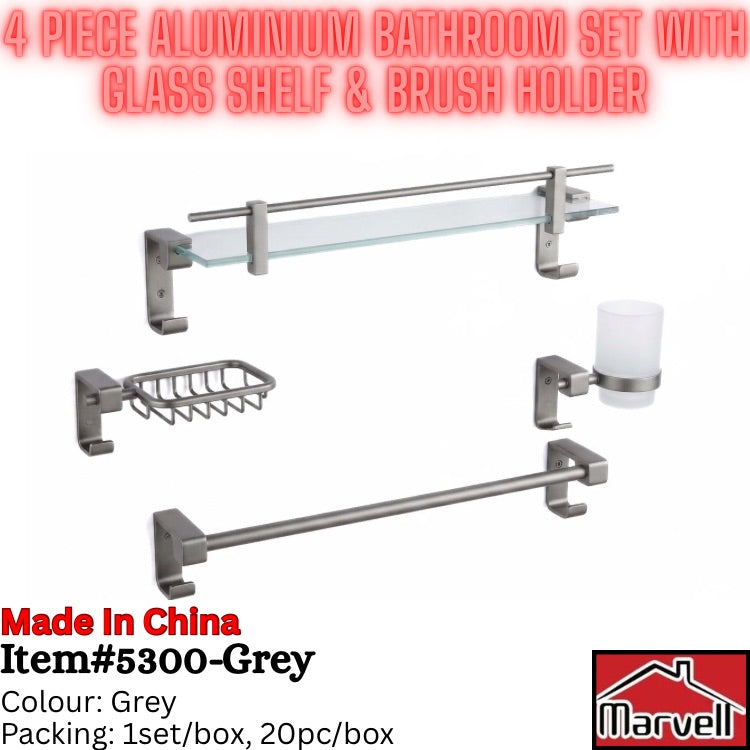 4-Piece Aluminium Bathroom Accessories Set with Tempered Glass Shelf & Brush Holder (Item #5300)