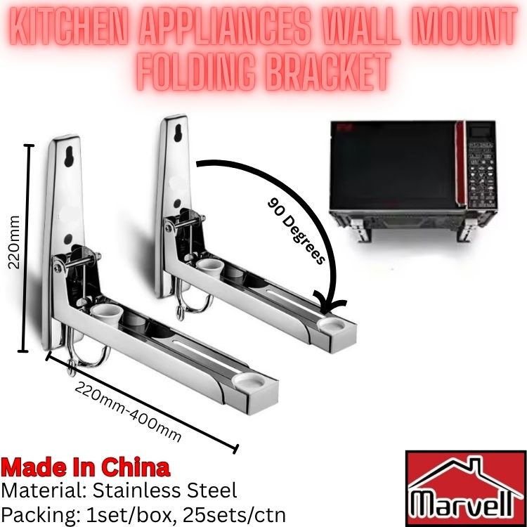 Wall mount folding bracket for kitchen appliances with dimensions and Marvel brand logo.