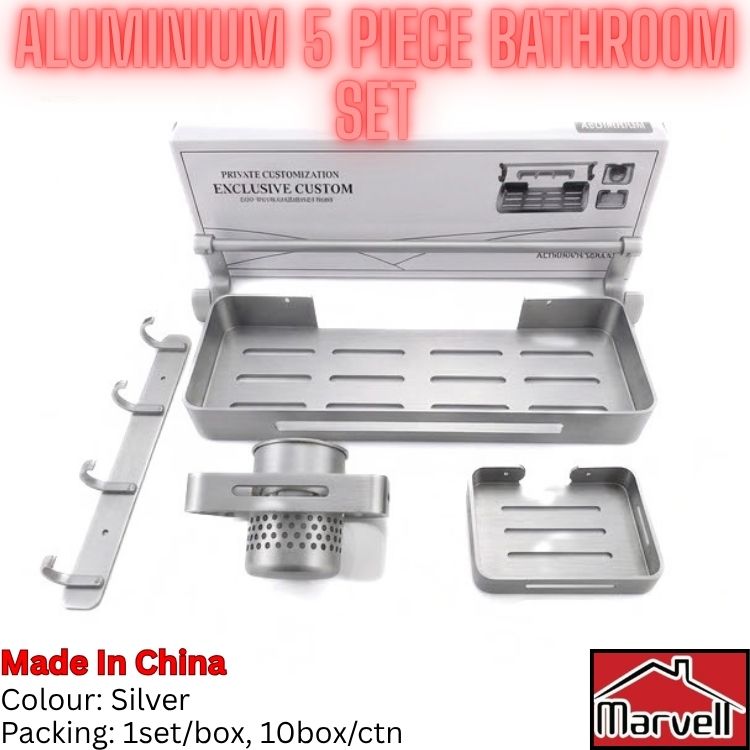 Aluminium 5-piece bathroom set shown on a white background with text overlays. The set includes a rectangular tray, a wall hook, a drain assembly, a square filter/grate piece, and an inner box.