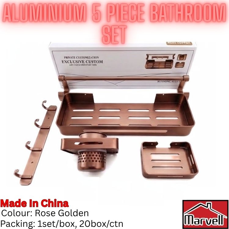 Aluminium 5-piece bathroom set in a rose gold finish, including a wall-mounted tray, three hook brackets, a drain filter, and a soap dish, shown with its packaging box on a white background.
