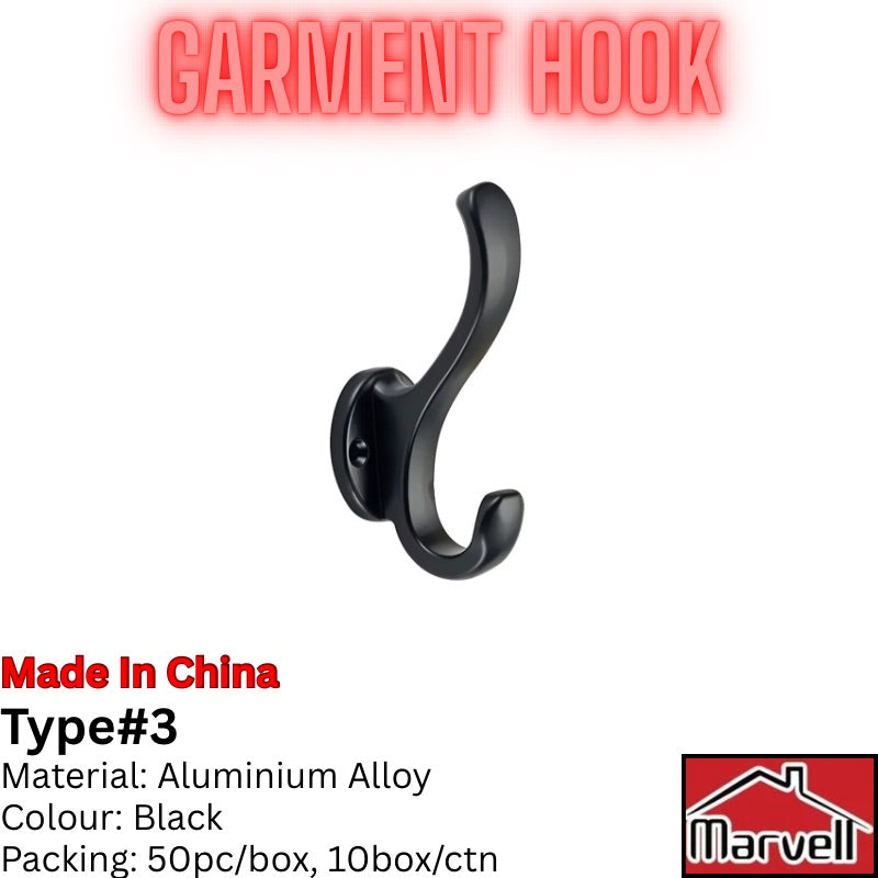 A single black garment hook made of aluminium alloy, shown against a plain white background with promotional text overlays and a Marvell brand logo.