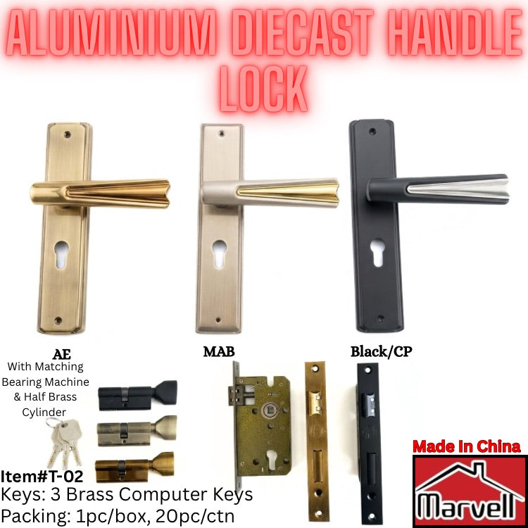 Aluminium diecast handle lock shown in three finish options: AE brass, MAB satin nickel, and Black/CP. The image displays the door handles, matching keys, internal lock components, and a 'Made in China' logo by Marvel on a white background with red and black text overlays.