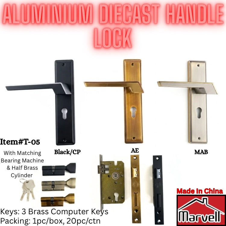 Three aluminium diecast door handles in black, antique bronze, and silver are shown on a white background with text labels. The image includes key cylinders, lock hardware components, and a 'Made in China' and 'Marvell' logo in the bottom right corner.