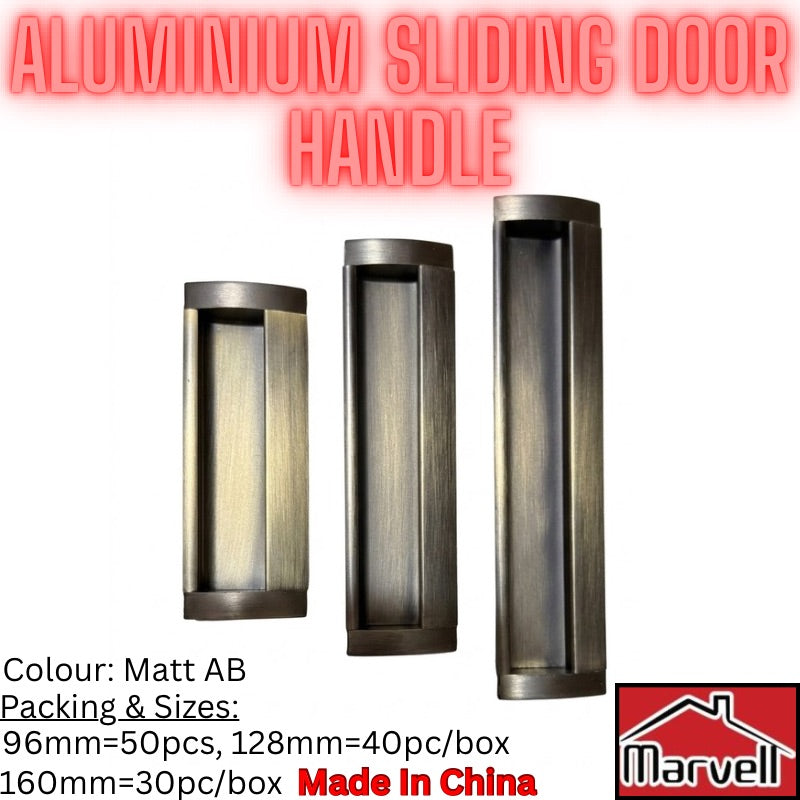 Three brushed aluminium sliding door handles in a matte AB finish, shown against a white background with red text overlays detailing product specifications and a Marvell brand logo.