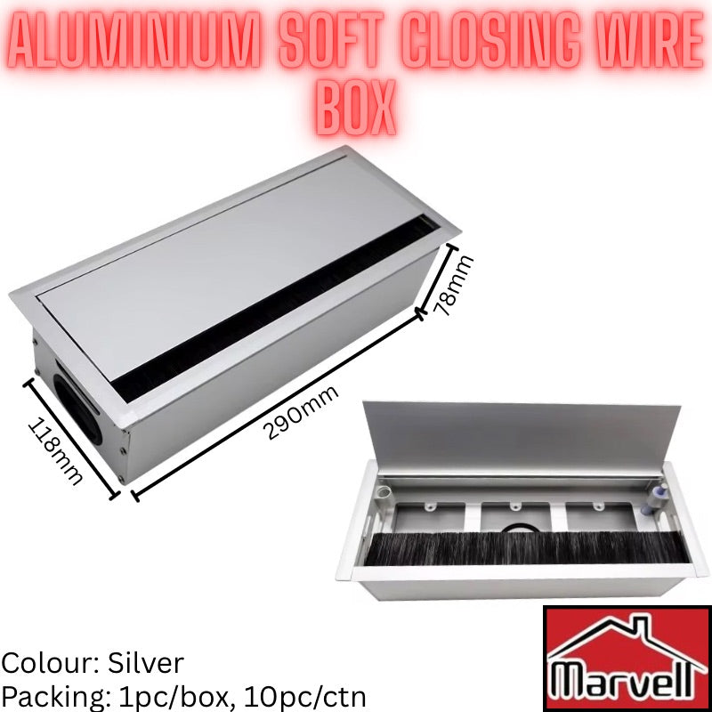 Aluminium soft closing wire box shown in two views on a white background, with dimension labels (290mm, 78mm, 118mm) and text indicating silver color and 1-pack/10-pack quantity. A Marvell logo appears in the bottom right corner.