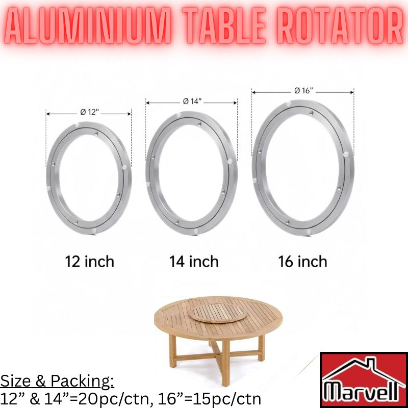 Three oval aluminium table rotators shown with size labels: 12 inch, 14 inch, and 16 inch. The image includes a small wooden round table at the bottom and text stating size and packing quantities, plus a Marvel logo.