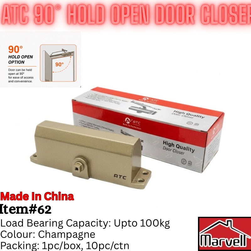 ATC 90° hold open door closer in champagne color shown next to its retail box, with informational text overlays detailing features, capacity, and packaging.