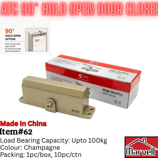 ATC 90° hold open door closer in champagne color shown next to its retail box, with informational text overlays detailing features, capacity, and packaging.