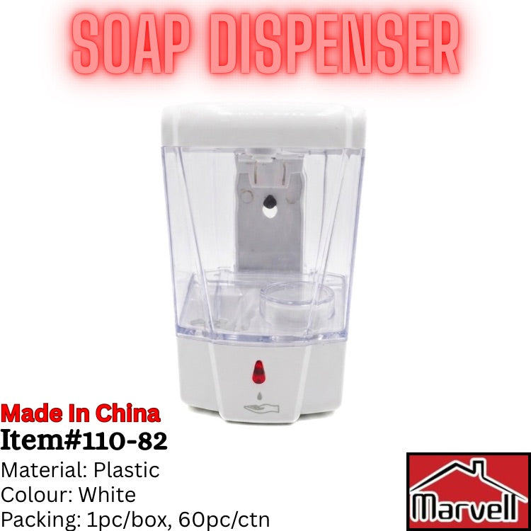 A white and clear plastic soap dispenser bottle with a small red indicator light, shown on a white background with red text reading 'SOAP DISPENSER' and product details at the bottom.