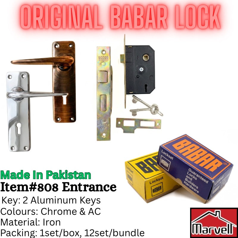 A composite product listing graphic for Babar lock entrance hardware, showing a chrome and bronze handle, lock body, latch, keys, and branded boxes on a white background with text detailing specifications and a Marvel logo.