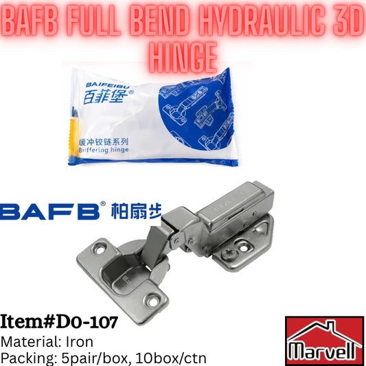 BAFB Full Bend Hydraulic 3D Cabinet Hinge DO-107 with soft-close concealed mechanism for full overlay kitchen cabinets, wardrobes, cupboards, and modern furniture by Marvell Pakistan.