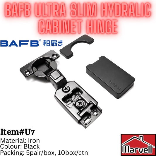 BAFB Ultra Slim Hydraulic Cabinet Hinge in black, shown with its mounting bracket, cover plate, and hardware on a white background with text overlays.
