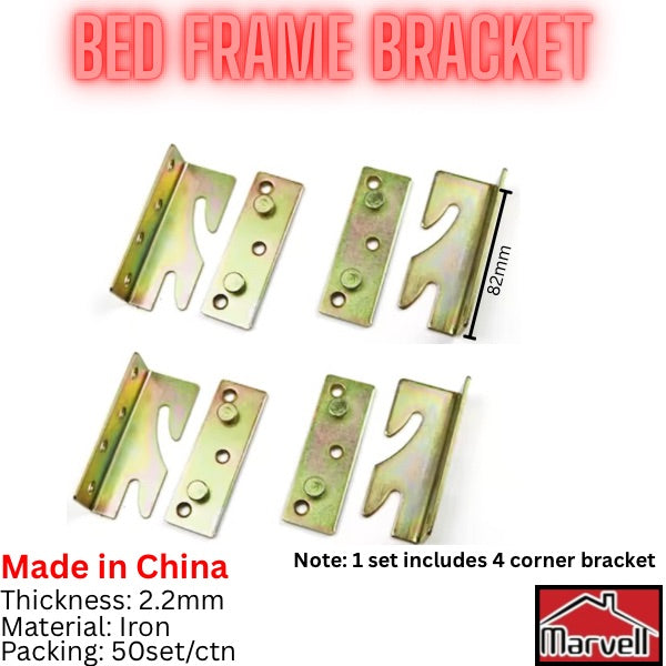 Bed frame brackets with dimensions and Marvel brand logo on a white background