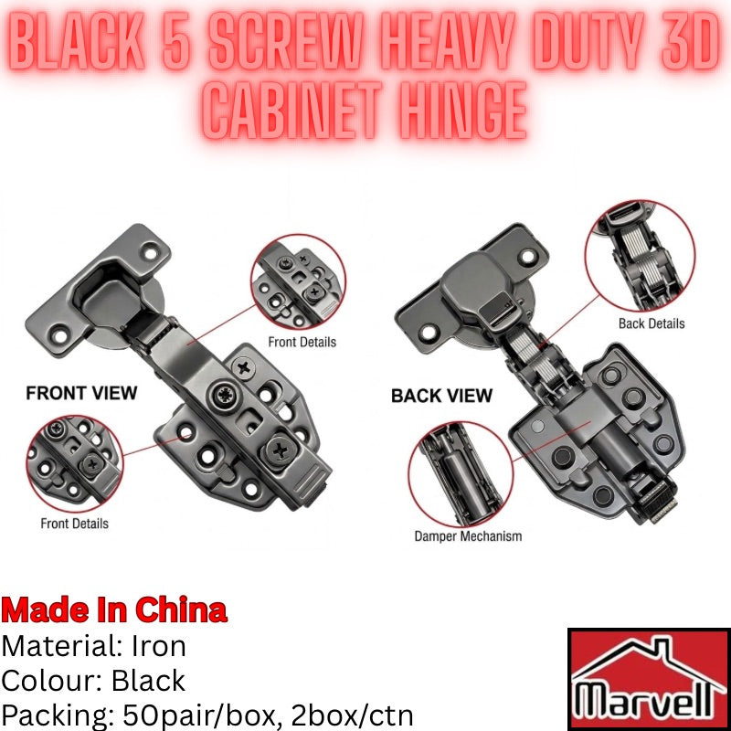 Black 5 screw heavy duty 3D cabinet hinge shown with front and back views, detail callouts, and text including 'Made in China', 'Material: Iron', 'Colour: Black', and 'Packing: 50pair/box, 2box/ctn'. A Marvel logo appears in the bottom right corner.