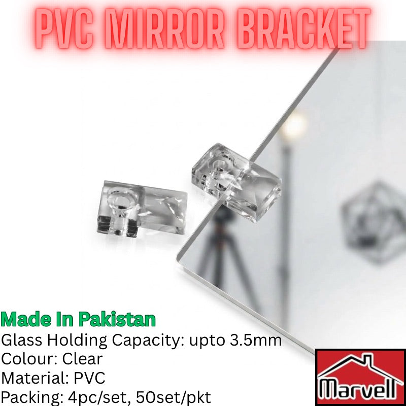 Two clear PVC mirror brackets shown beside a mirror on a white background, with large red text reading 'PVC MIRROR BRACKET' and product specs plus a Marvel logo in the lower right.
